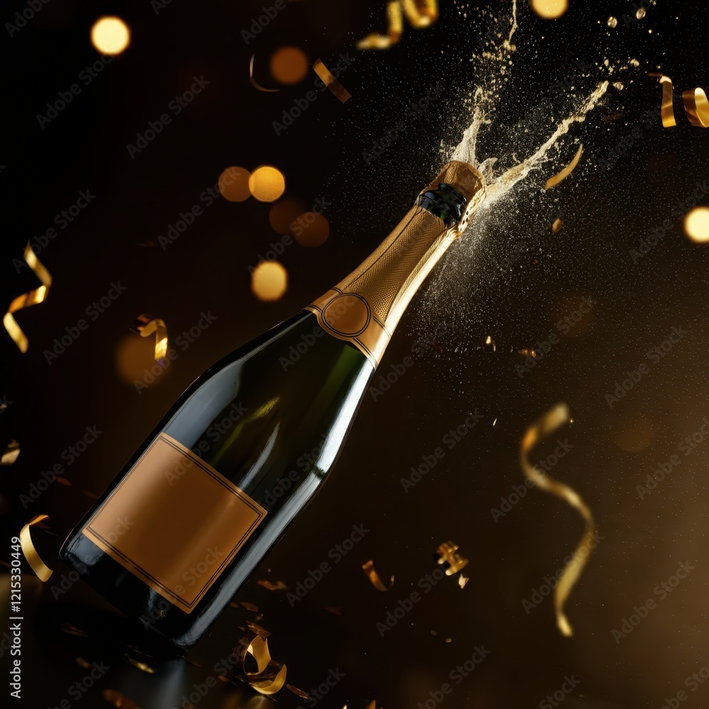 Fototapeta premium Champagne bottle explosion, golden bokeh lights, celebratory atmosphere, dark background, high-speed photography, sparkling wine spray, cork popping, festive mood, luxury beverage, party scene, dynami
