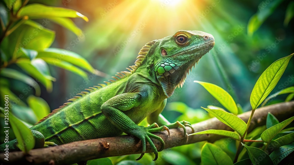 Miniature Green Iguana on Lush Tropical Tree, Tilt-Shift Photography Miniature Green Iguana on Lush Tropical Tree, Tilt-Shift Photography