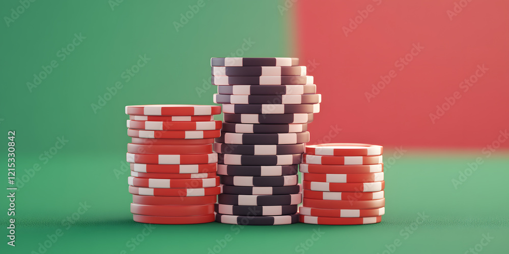 Stacks of poker chips in red, black and white against a green and red background. Gambling, casino, luck, chance. Stacks of poker chips in red, black and white against a green and red background. Gambling, casino, luck, chance.