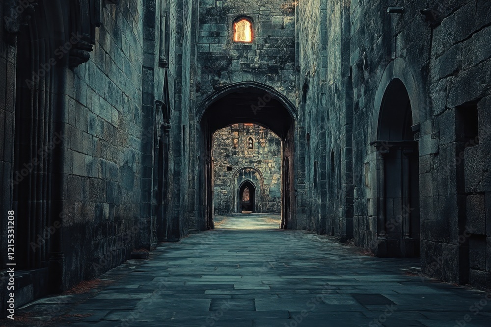 Obraz premium Narrow stone passageway leading to ancient structure in a historical setting