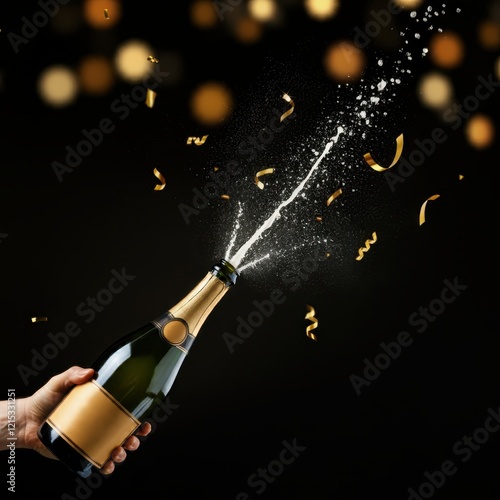 Champagne bottle explosion, golden bokeh lights, celebratory atmosphere, dark background, high-speed photography, sparkling wine spray, cork popping, festive mood, luxury beverage, party scene, dynami photo