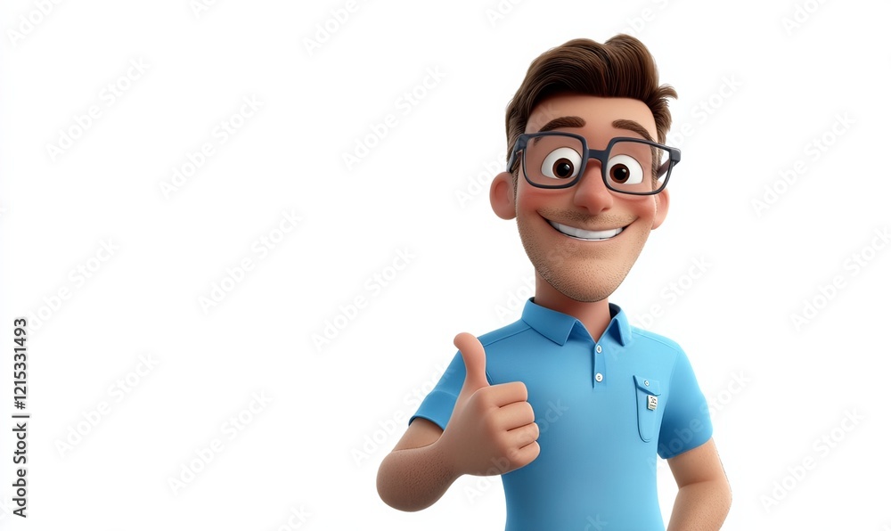A cartoon man with glasses, wearing a blue shirt and giving a thumbs up, standing in the center of a white background. A cartoon man with glasses, wearing a blue shirt and giving a thumbs up, standing in the center of a white background.