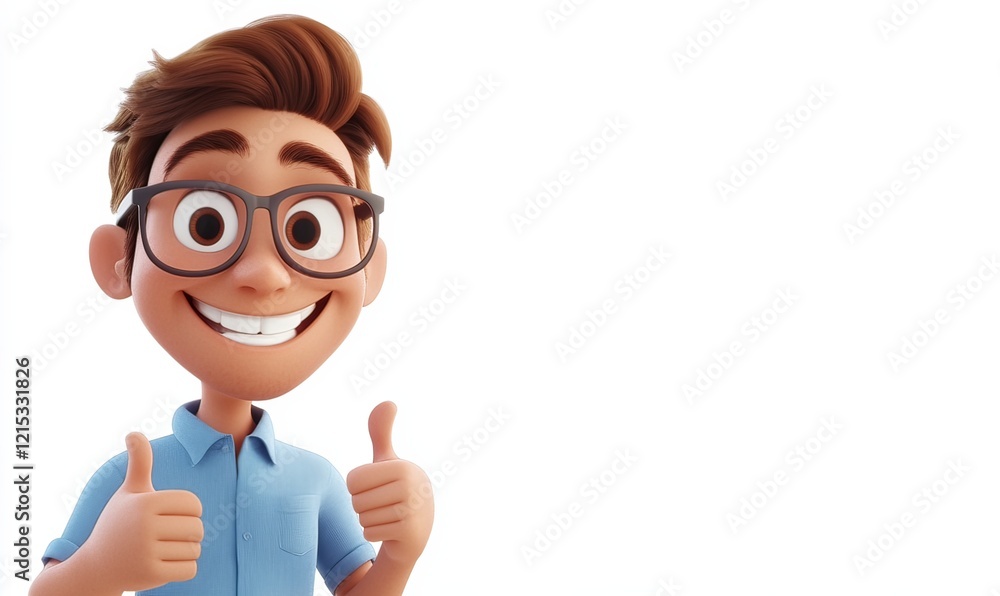 A cartoon man with glasses, wearing a blue shirt and giving a thumbs up, standing in the center of a white background. A cartoon man with glasses, wearing a blue shirt and giving a thumbs up, standing in the center of a white background.