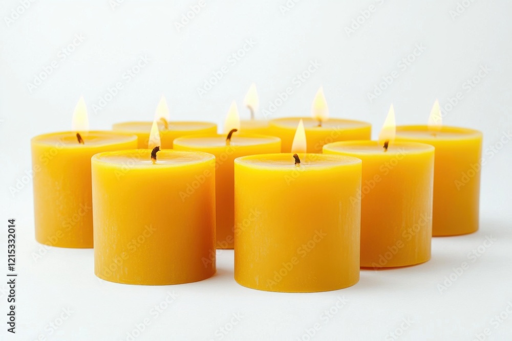 Brightly glowing beeswax candles arranged beautifully on a clean white background for a calming ambiance Brightly glowing beeswax candles arranged beautifully on a clean white background for a calming ambiance