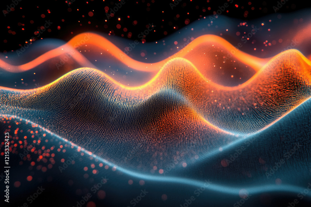 Abstract digital wave of glowing particles, vibrant orange and blue hues, creating a dynamic, energetic visual. Abstract digital wave of glowing particles, vibrant orange and blue hues, creating a dynamic, energetic visual.