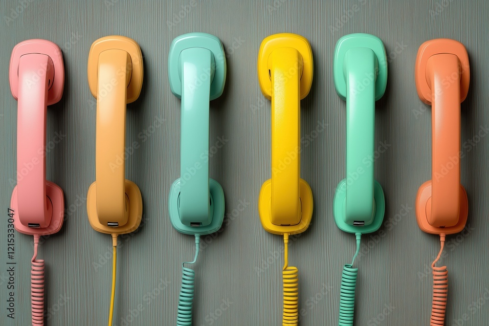 Colorful retro telephone handsets against gray background Colorful retro telephone handsets against gray background