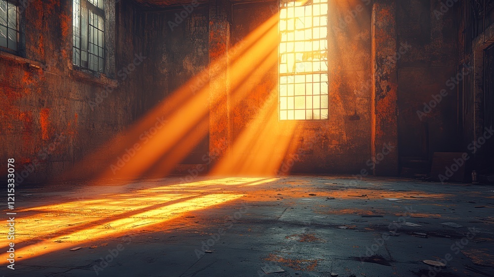 Fototapeta premium Sunbeams in derelict factory interior