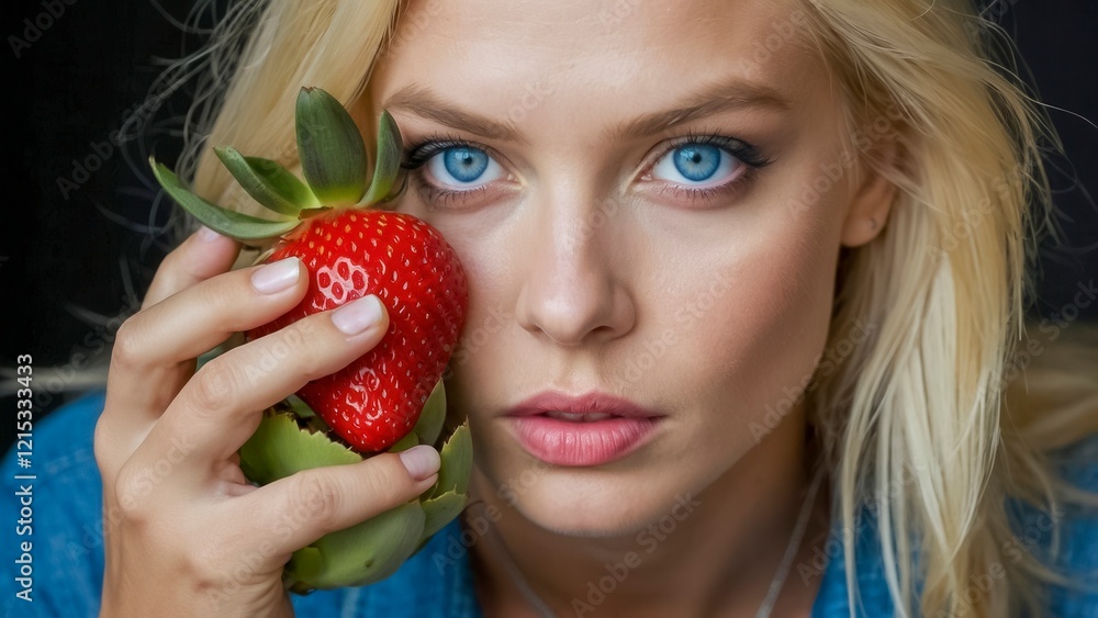 Model holds strawberry next to her face showcasing vibrant blue eyes and natural beauty in a creative indoor setting Model holds strawberry next to her face showcasing vibrant blue eyes and natural beauty in a creative indoor setting