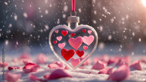 Delicate heart ornament surrounded by falling snowflakes and rose petals on a romantic winter's day