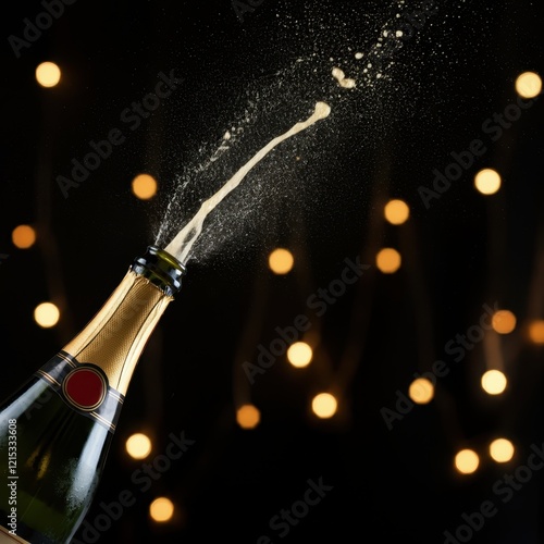 Champagne bottle explosion, golden bokeh lights, celebratory atmosphere, dark background, high-speed photography, sparkling wine spray, cork popping, festive mood, luxury beverage, party scene, dynami photo