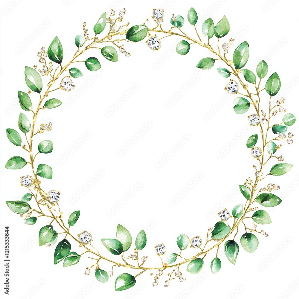 Watercolor Wreath of Eucalyptus Leaves and Diamonds Watercolor Wreath of Eucalyptus Leaves and Diamonds