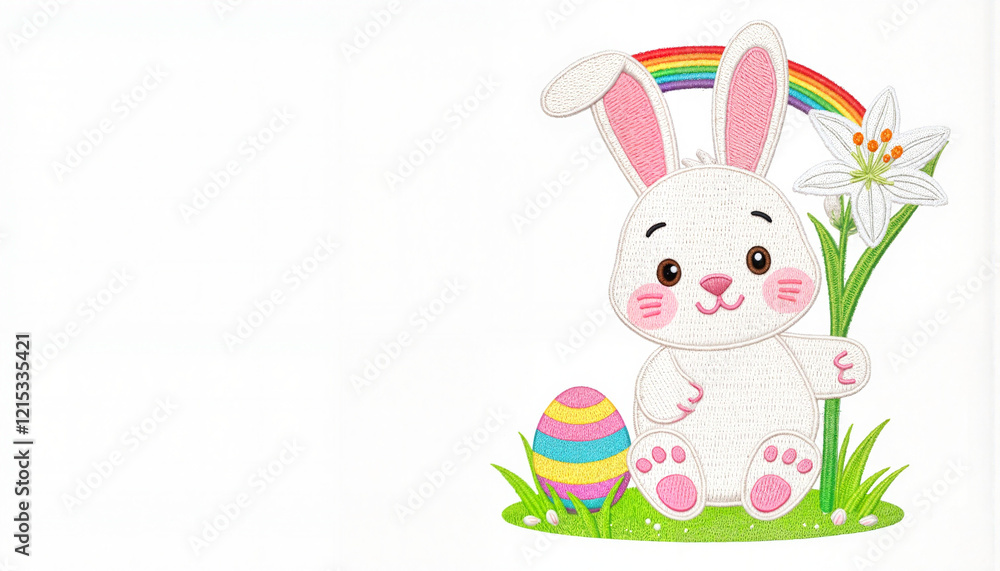 Cute cartoon bunny with Easter egg and flower under rainbow Cute cartoon bunny with Easter egg and flower under rainbow