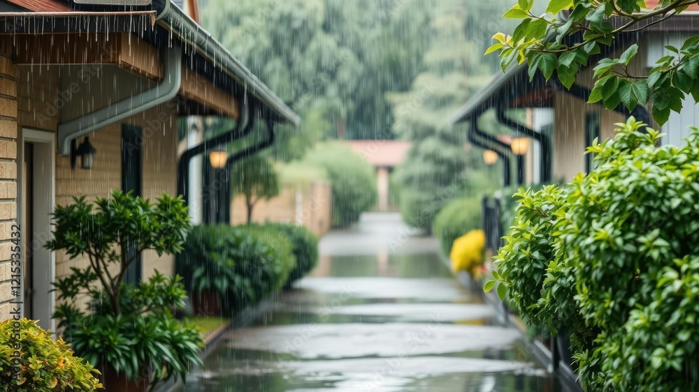 Downpour causes water to overflow from overflowing gutters, wet wood, downspout failure Downpour causes water to overflow from overflowing gutters, wet wood, downspout failure