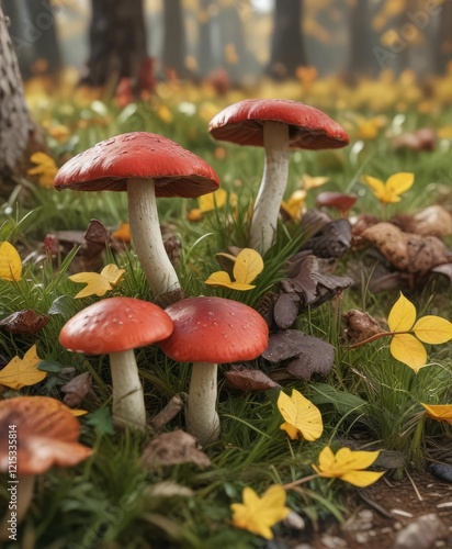 Earthy red-brown Tricholoma populinum mushrooms growing on grass in autumn landscape with yellow leaves , autumn fungi, truffle mushroom photo