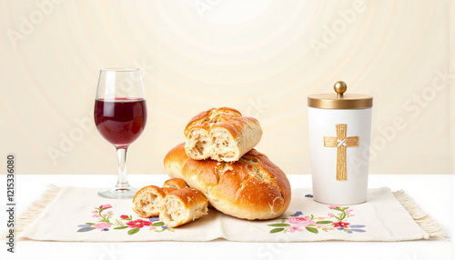 Bread and wine on embroidered tablecloth against a light background