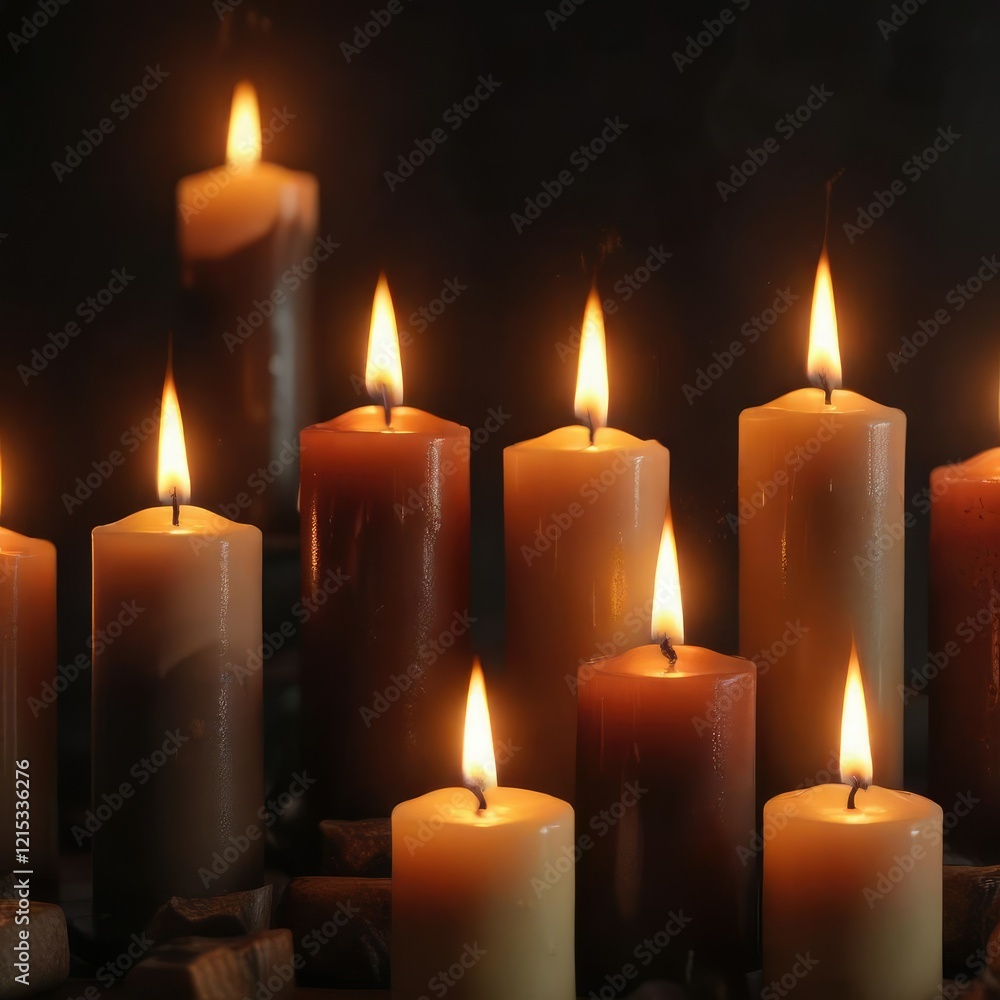 Dark abstract background with multiple burning candles and a soft warm glow, burning candles, mystical Dark abstract background with multiple burning candles and a soft warm glow, burning candles, mystical