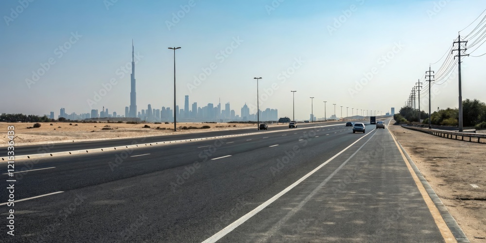 Empty stretch of asphalt road with skyscrapers looming in the distance and cars disappearing into the horizon, urban landscape, empty road, skyscraper, modern cityscape, high-rise buildings Empty stretch of asphalt road with skyscrapers looming in the distance and cars disappearing into the horizon, urban landscape, empty road, skyscraper, modern cityscape, high-rise buildings