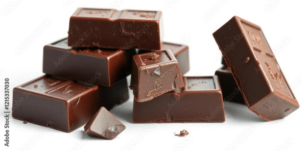 Fototapeta premium Dark chocolate block on a plain white background with a slight sheen, showcasing its rich color and texture, sweet treat, gourmet, dessert