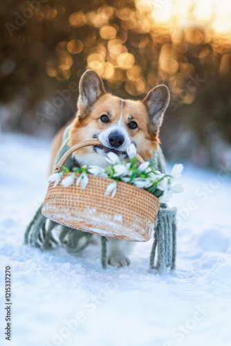 cute corgi dog carrying basket of snowdrops through snowdrifts on sunny evening