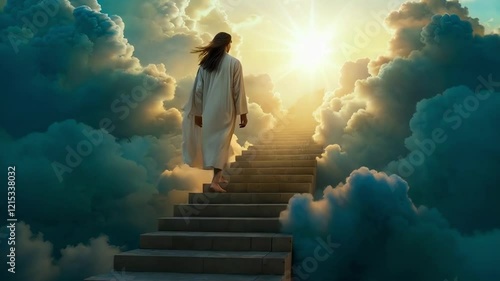 A breathtaking scene of divine serenity, featuring a figure with flowing hair ascending a majestic staircase that stretches into the heaven