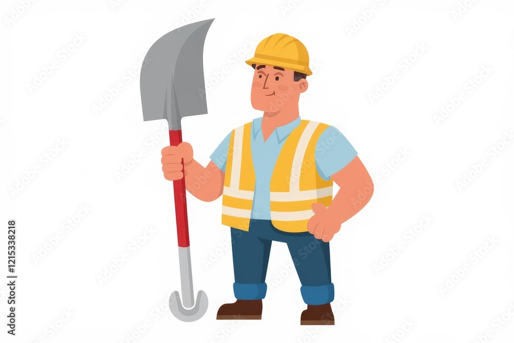 A cartoon construction worker in a yellow vest holds a large shovel. A cartoon construction worker in a yellow vest holds a large shovel.