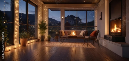 Wallpaper Mural Decorative string lights adorning a stylish house balcony with a built in fireplace , balcony decor, fire pit ambiance, garden lighting Torontodigital.ca