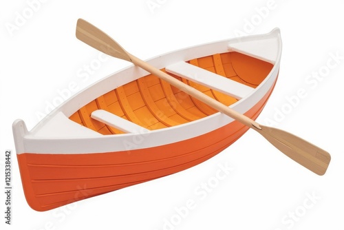 A small orange and white rowboat with wooden oars, ready for a peaceful journey on calm waters.