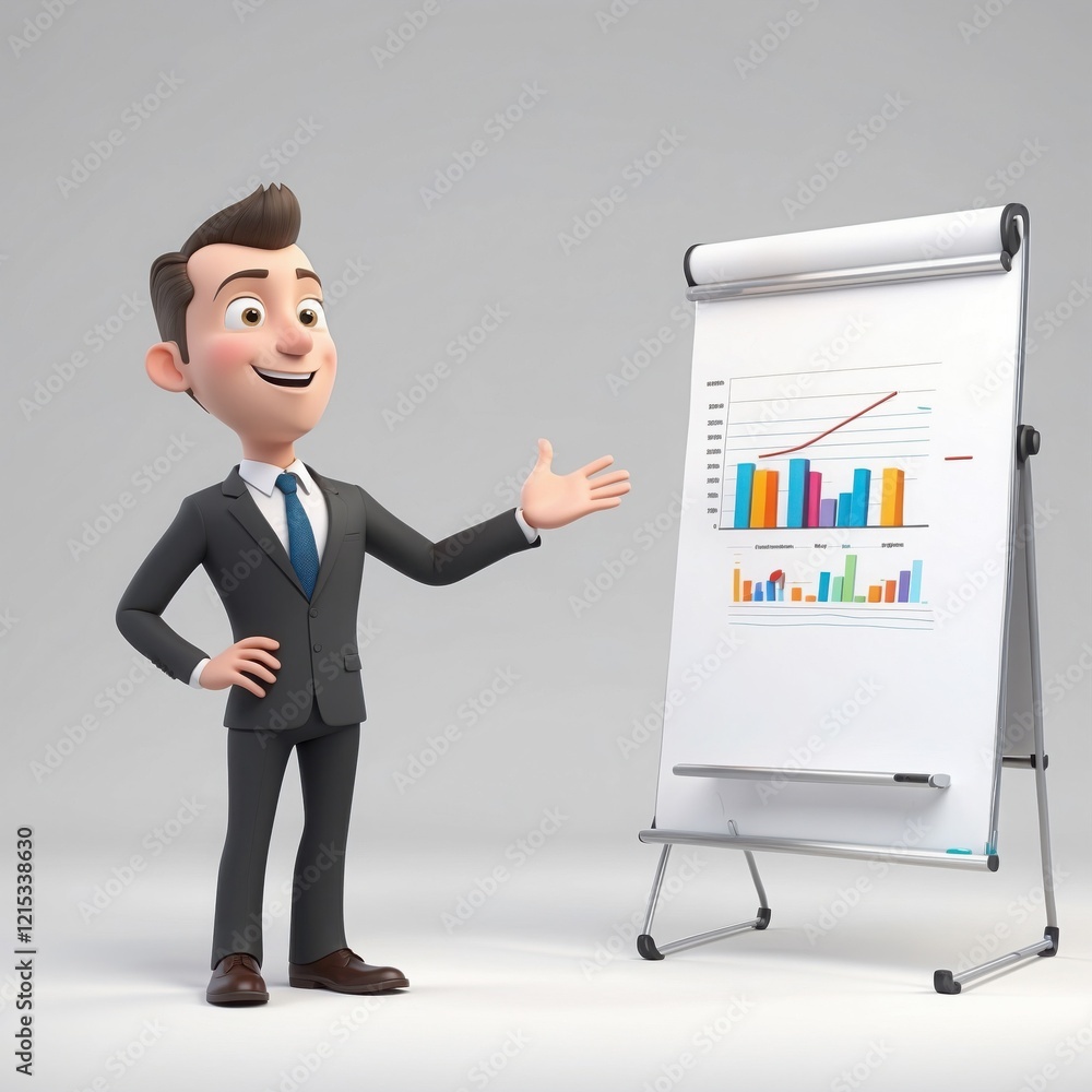 3D Business Character Presenting Data with Colorful Graphs 3D Business Character Presenting Data with Colorful Graphs