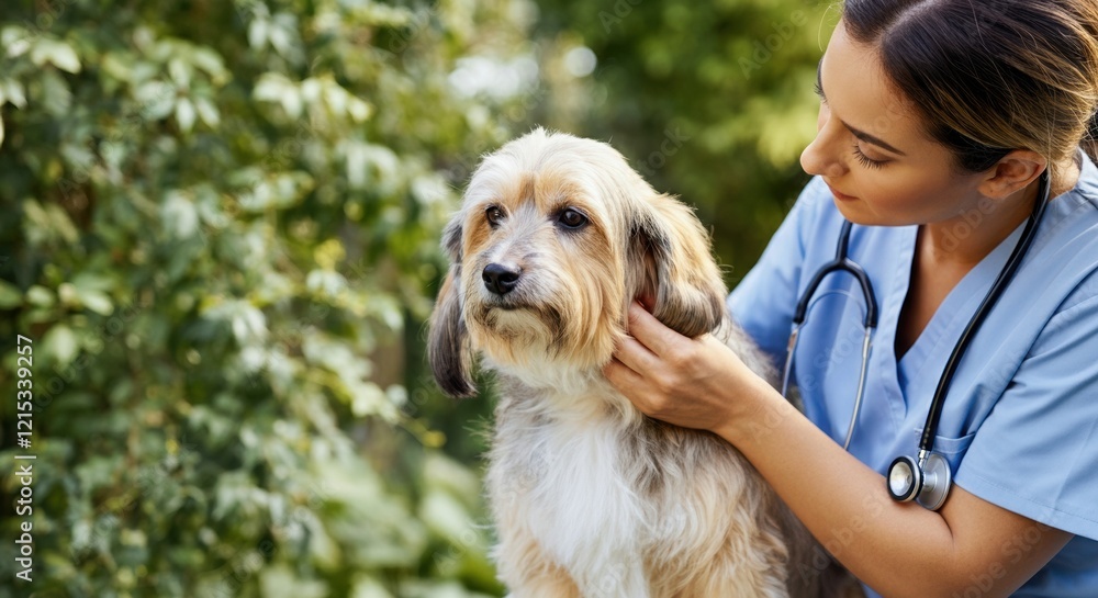Veterinarian examining a dog in a lush outdoor setting Veterinarian examining a dog in a lush outdoor setting