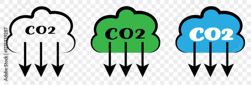Set of co2 emission vector icons.co2 gas carbon Cloud with carbon dioxide. Reduce pollution air. Cloud with text (CO2) icon illustration, CO2 reduction vector logo set collection for web app