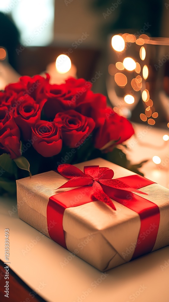 Obraz premium Intimate Candlelit Dinner Setup with Red Roses and Wrapped Gift on Table : Generative AI
