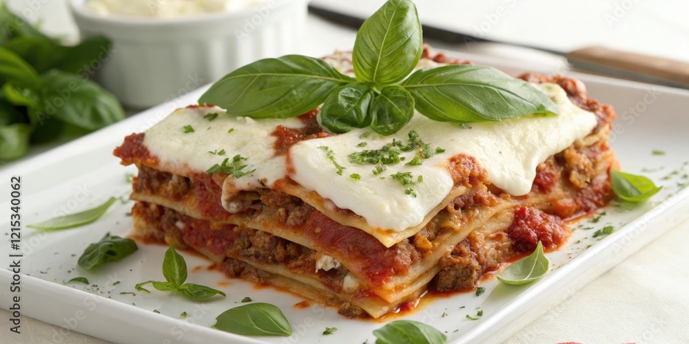 Fresh basil leaves and mozzarella cheese atop a rich layered lasagna made with ground beef and tomato sauce, flavorful layers, ground beef Fresh basil leaves and mozzarella cheese atop a rich layered lasagna made with ground beef and tomato sauce, flavorful layers, ground beef
