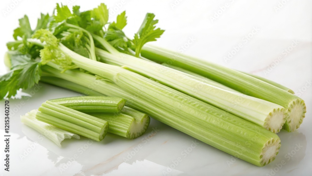 Fresh celery stalks isolated on a white background with soft focus effect creating a sense of delicacy and freshness, food, fresh celery Fresh celery stalks isolated on a white background with soft focus effect creating a sense of delicacy and freshness, food, fresh celery