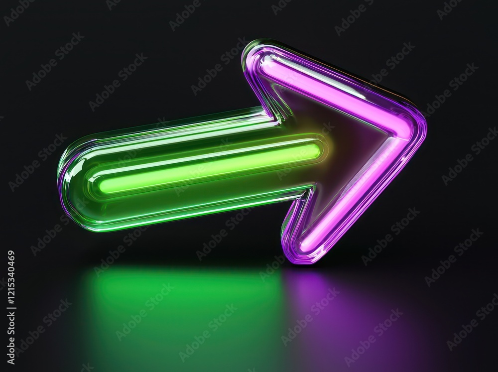 3D green arrow with purple outline points right on a black base. 3D green arrow with purple outline points right on a black base.