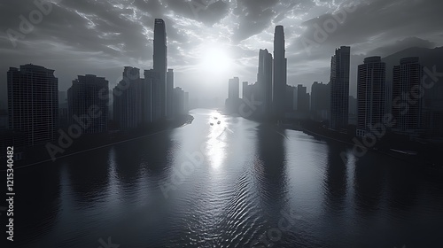 Cityscape sunrise river boats hazy sky urban design photo