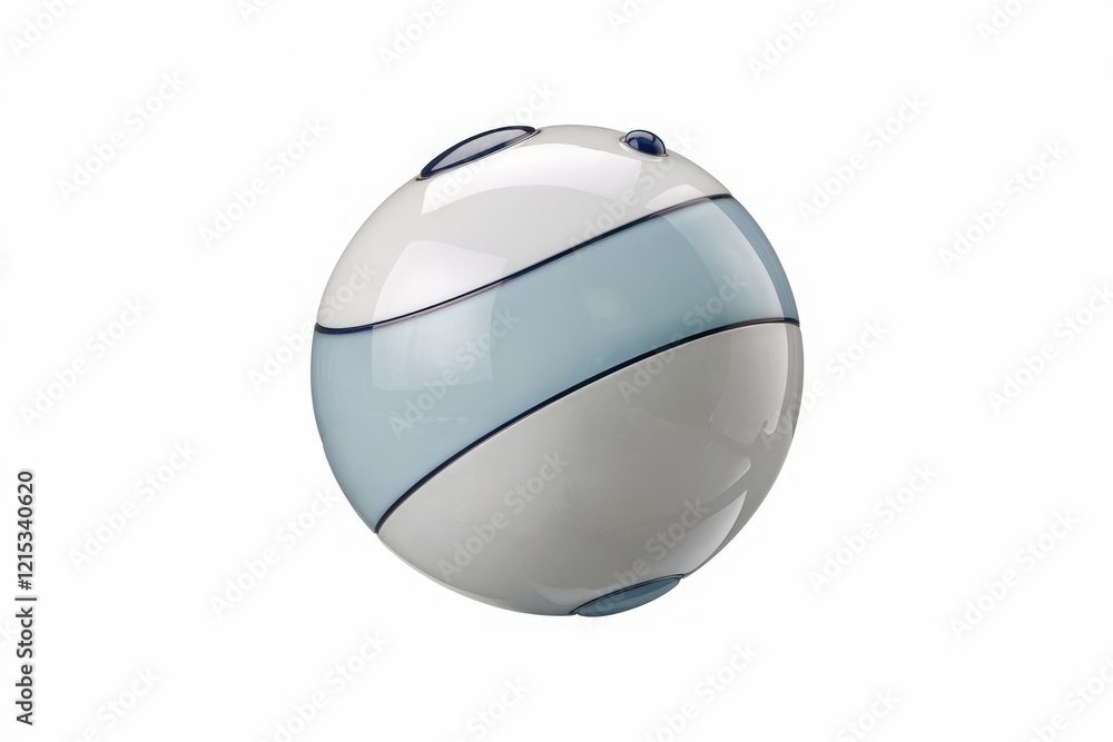 A sleek, spherical object with a light blue and white design, possibly a futuristic technology or decorative item.