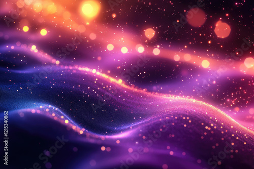 Abstract cosmic landscape with glowing particles and bokeh lights, creating a vibrant, dreamy atmosphere.