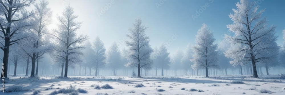 Obraz premium Frosty landscape with snow-covered trees in a cool blue hazy atmosphere, frosty landscape, cold winter scene