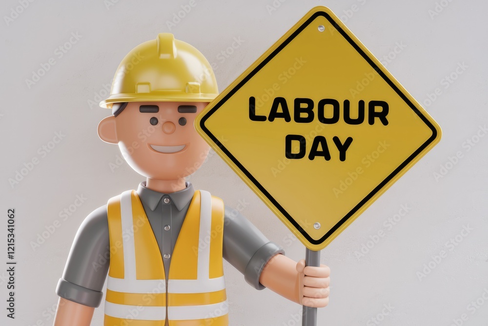 A 3D cartoon construction worker proudly displays a Labour Day sign. A 3D cartoon construction worker proudly displays a Labour Day sign.