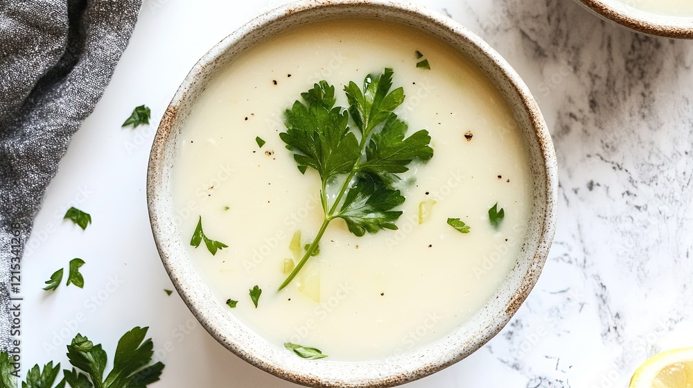 A bowl of avgolemono (lemon chicken soup) with a sprig of parsley on a white background A bowl of avgolemono (lemon chicken soup) with a sprig of parsley on a white background