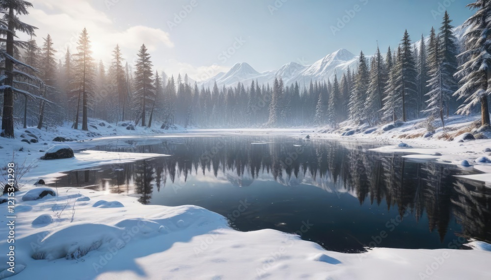 Fototapeta premium Frozen lake in the heart of a vast winter forest, snow, serene, winter forest