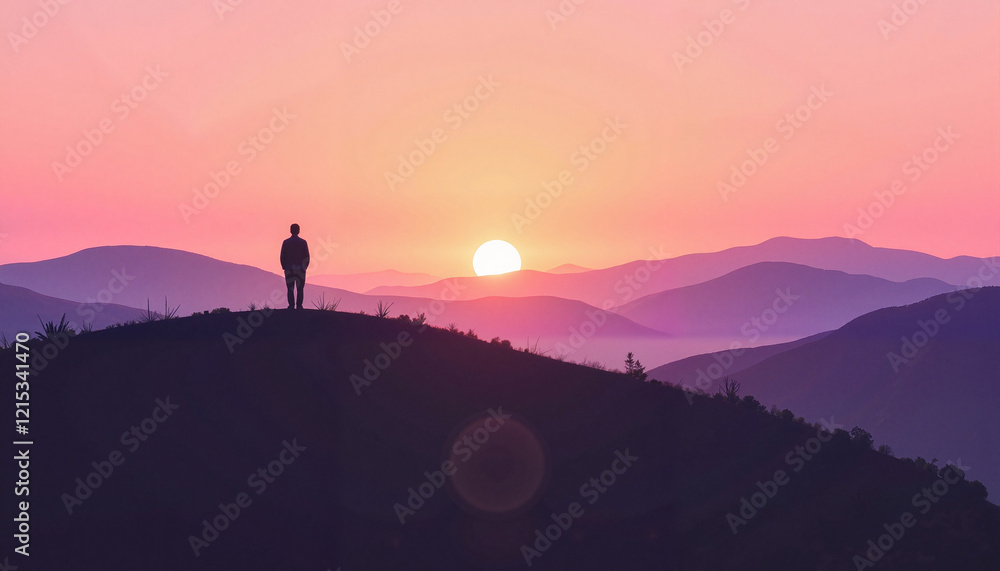 Fototapeta premium Lone figure gazing at sunrise over rolling hills, tranquility in nature