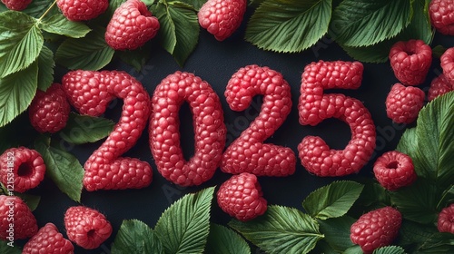 Wallpaper Mural The number "2025" crafted from a dense arrangement of ripe, vibrant raspberries and fresh green leaves Torontodigital.ca