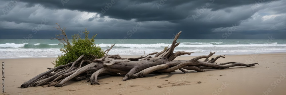 Driftwood and seaweed on the beach with a stormy sky, seaweed, stormy Driftwood and seaweed on the beach with a stormy sky, seaweed, stormy