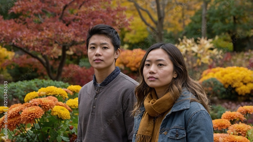 Couple enjoys a serene stroll through a vibrant botanical garden surrounded by autumn hues and blooming flowers on a crisp day
