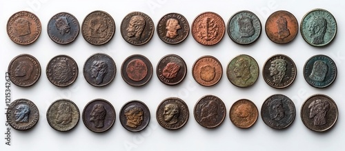 Antique copper coins arranged on white background photo