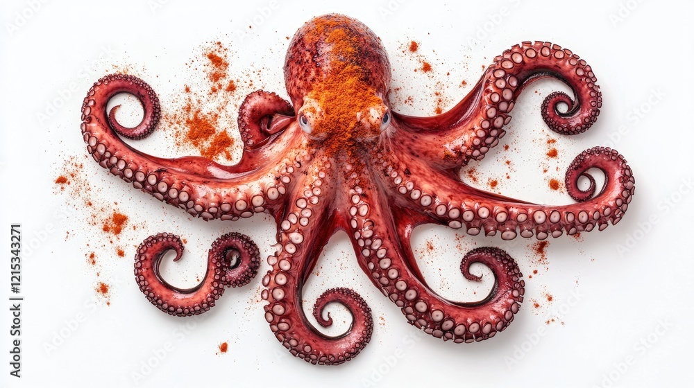 Fototapeta premium A dish of freshly grilled octopus (pulpo a la gallega) sprinkled with paprika on a white background