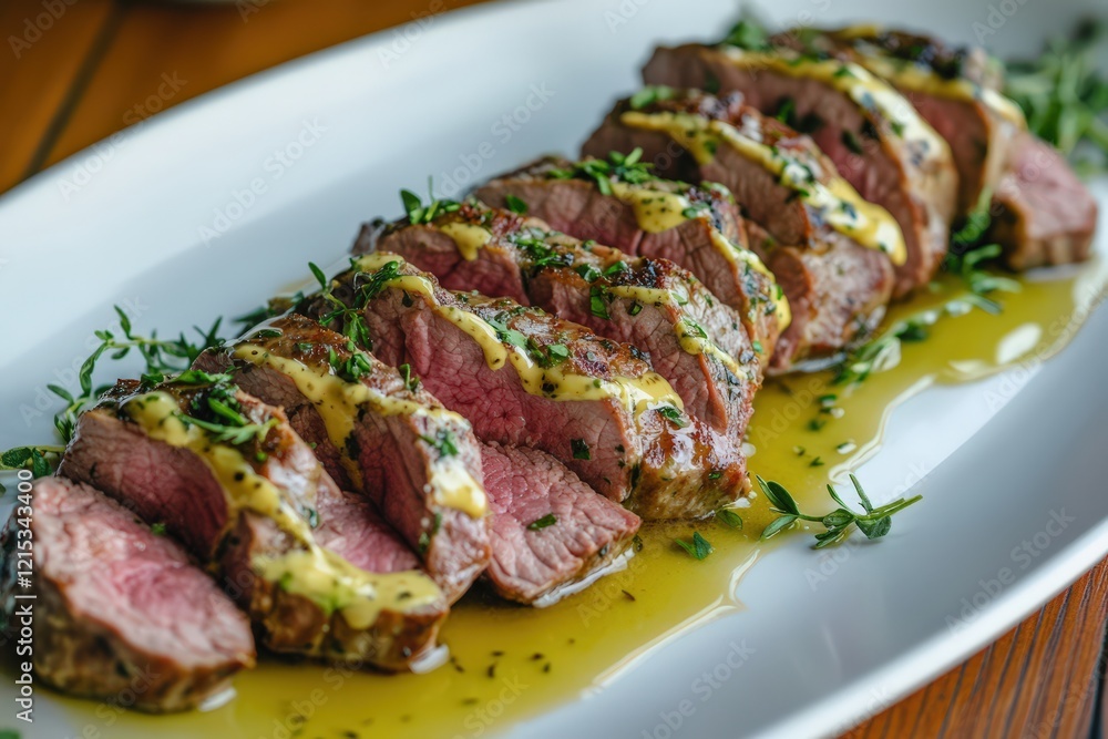 Sliced marinated pork tenderloin on a white platter, with honey mustard sauce drizzled over the top and sides of the meat, and fresh herbs sprinkled around Sliced marinated pork tenderloin on a white platter, with honey mustard sauce drizzled over the top and sides of the meat, and fresh herbs sprinkled around