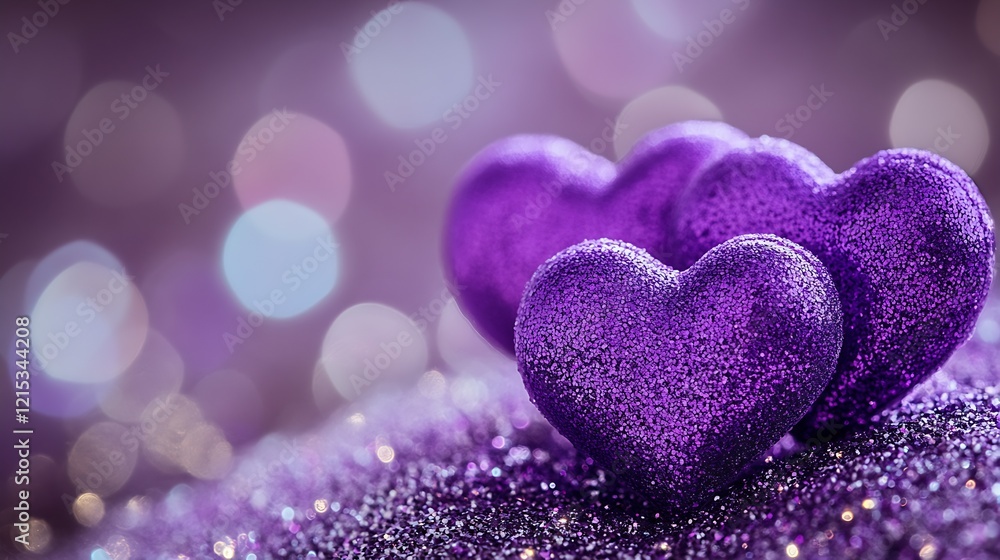 Three Glittering Purple Hearts Over Gleaming Surface with Romantic Bokeh Background : Generative AI Three Glittering Purple Hearts Over Gleaming Surface with Romantic Bokeh Background : Generative AI