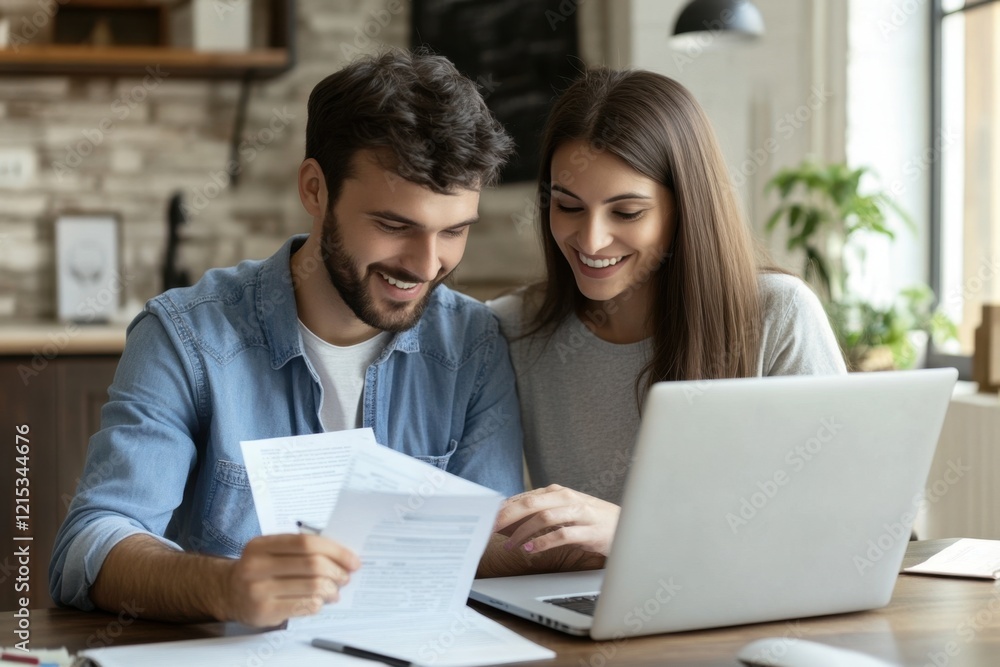 Young couple using laptop, checking financial documents at home. Husband and wife calculating domestic bills, browsing banking services. Happy couple planning budget, discussing and analyzing finances Young couple using laptop, checking financial documents at home. Husband and wife calculating domestic bills, browsing banking services. Happy couple planning budget, discussing and analyzing finances
